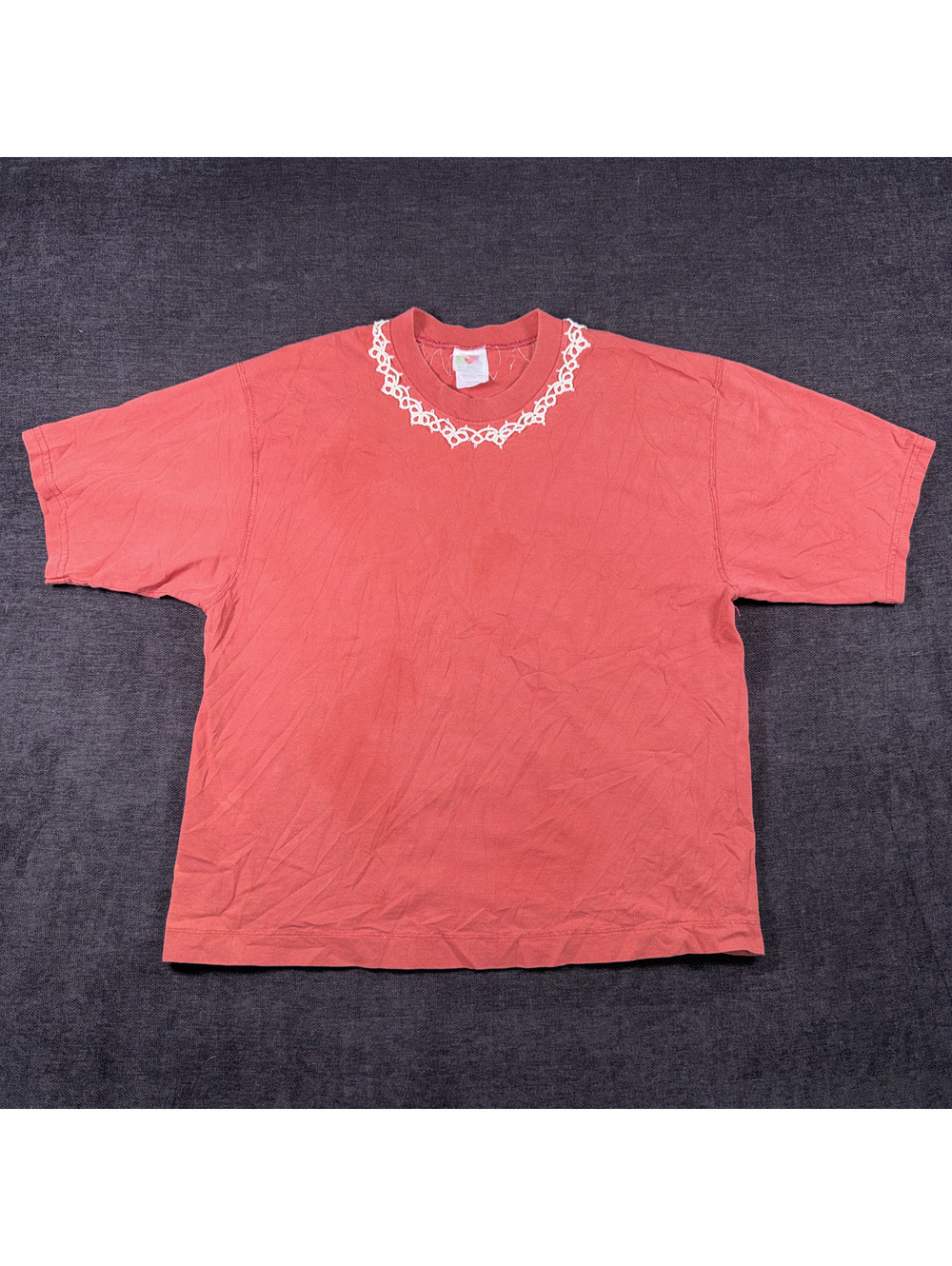 Vintage Loftreez Coral Pink T-Shirt with White Lace Neckline Detail, Large